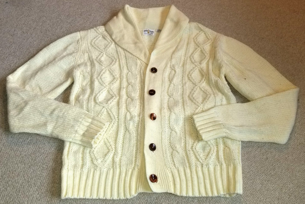 VINTAGE 70's-80's Mens Sweater-MALE DUDS-ivory cableknit cardigan Fisherman-L